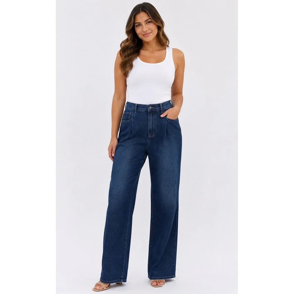 NWT Wonderly High Rise Wide Leg Jeans 16 Tall Long Dark Wash 100% Cotton Pleated
